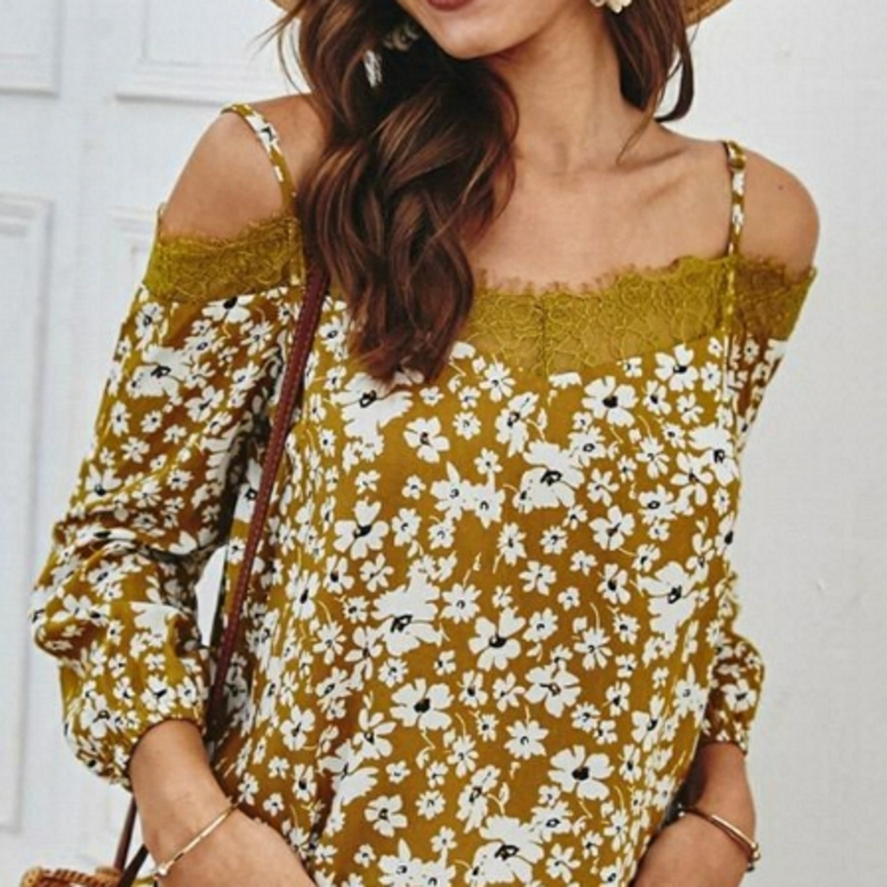 KEILY Yellow Floral Print Off-the-Shoulder blouse top Size XL NWT